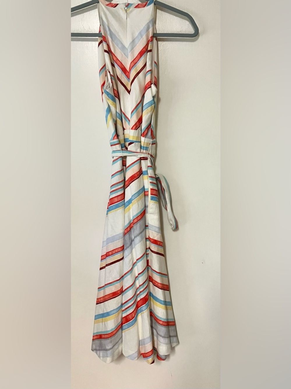 ECI Tie Waist Halter Maxi Dress in White, Red, Blue & Yellow Stripes: 6 - Picture 3 of 4